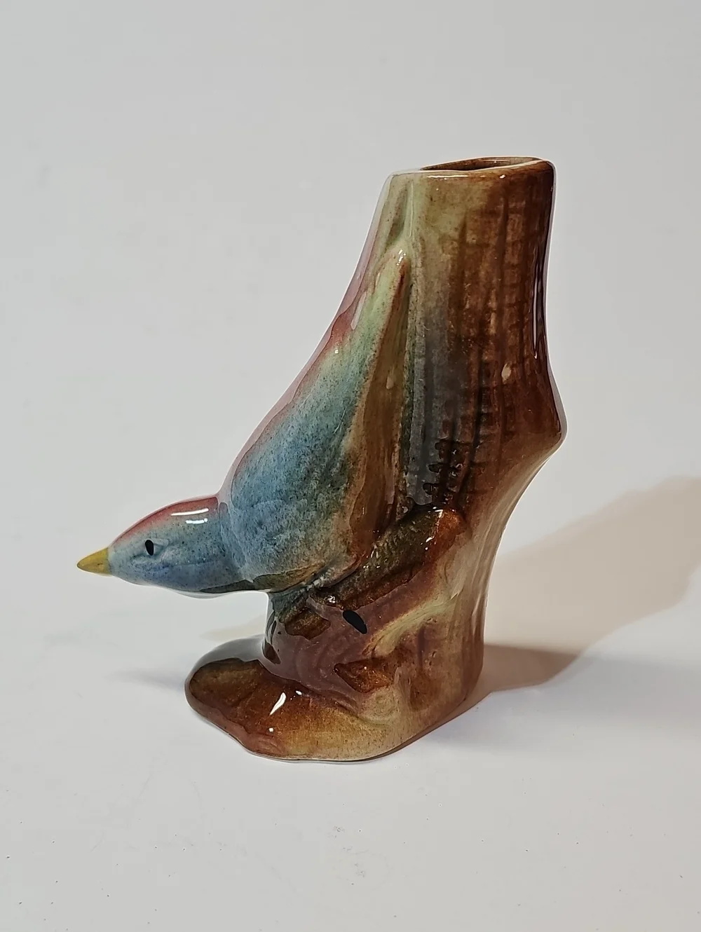 Vintage Ceramic Blue + Pink Nuthatch Bird Figural Bud Vase